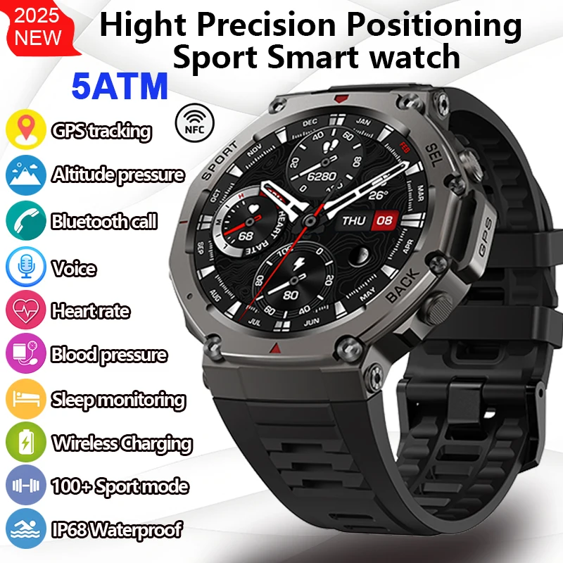 

Новинка 2025 года, спортивные часы на открытом воздухе, 5 атм, GPS, водонепроницаемые, смарт-часы, 500 мАч, 100 + спортивные мужские компасы, Bluetooth-вызов, умные часы для здорового спорта