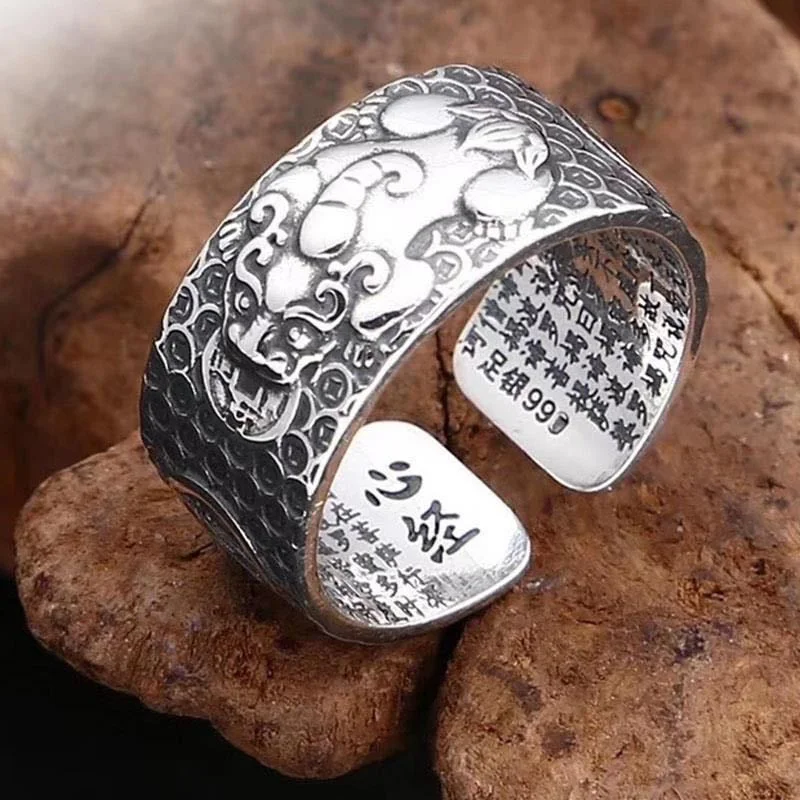 Blessing Buddhist Heart Sutra Ring Male Index Finger Accessories Retro Wealth Beast Pixiu Ring For Men Jewelry Open Size