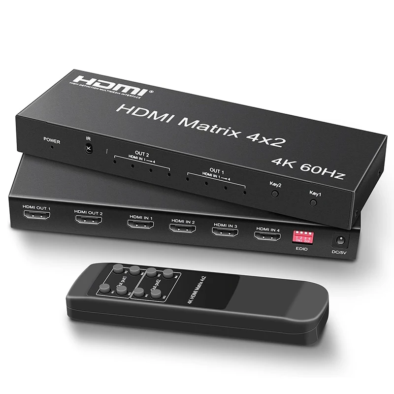 4K 60Hz 4x2 HDMI Matrix Switcher 4 in 2 out Matrix HDMI Switcher Splitter with Optical + 3.5mm Audio Extractor for PC TV Monitor