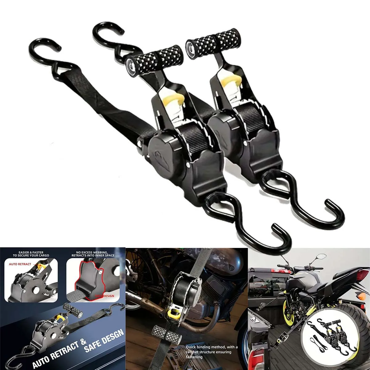 Heavy‑Duty Auto Retractable Ratchet Tensile Strength Automatic Roll‑Up Tie‑Down Straps for Motorcycle Pickup Truck Cargo Fixing