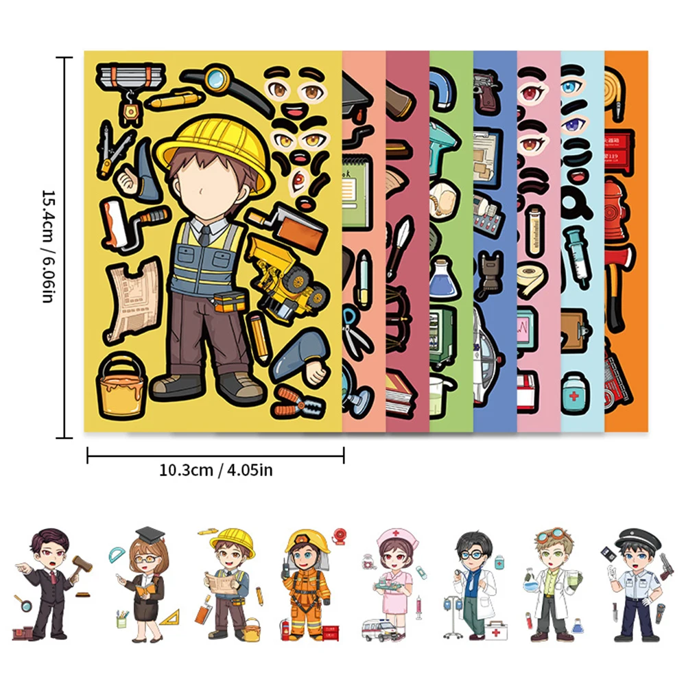 8/16sheets Different Career Dress Up Puzzle Stickers Cartoon Firefighter Engineer Make a Face Decals Funny Assemble Jigsaw Toys