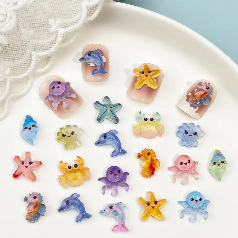 LLJ 50PCS Ocean Series Cartoon Nail Charms Dolphin Octopus Starfish Crab Resin DIY Press On Nail Art Decor Manicure Accessories