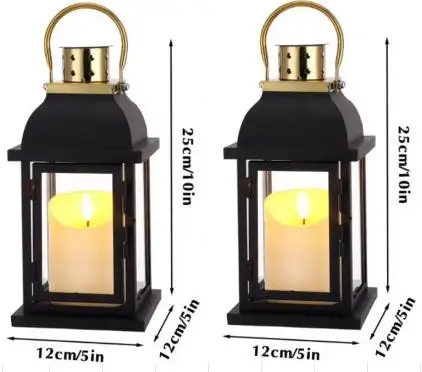 Set of 2 Matel Decorative Candle Lantern 10'' High Hanging Candle Holder with Tempered Glass for Indoor Outdoor Patio Wedding