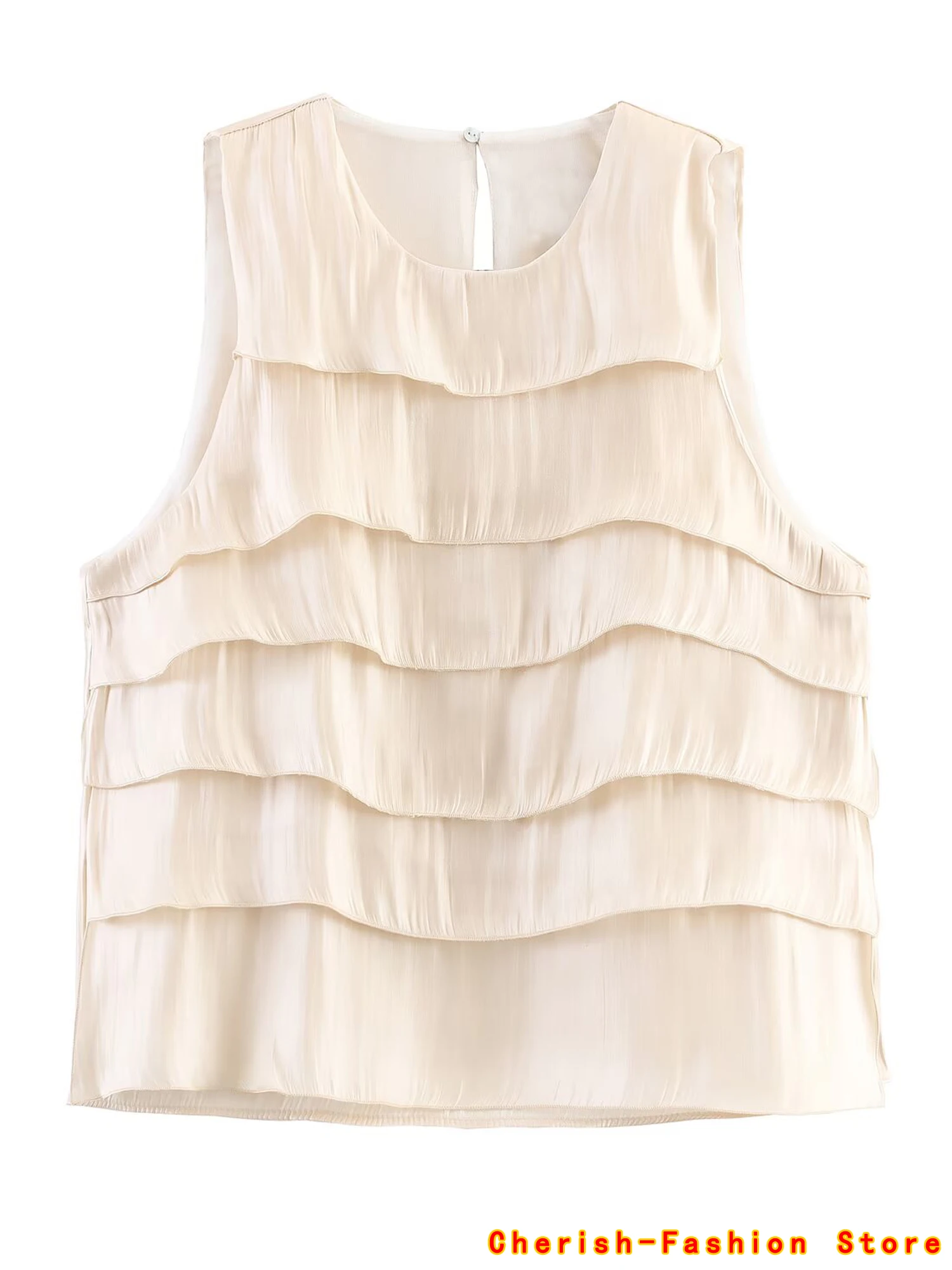 Women Fashion Beige Tierred Ruffled Summer Tank Tops Vintage O-Neck Female Chic Thin Top Solid Shirt Ruffled Sleeveless Blouse