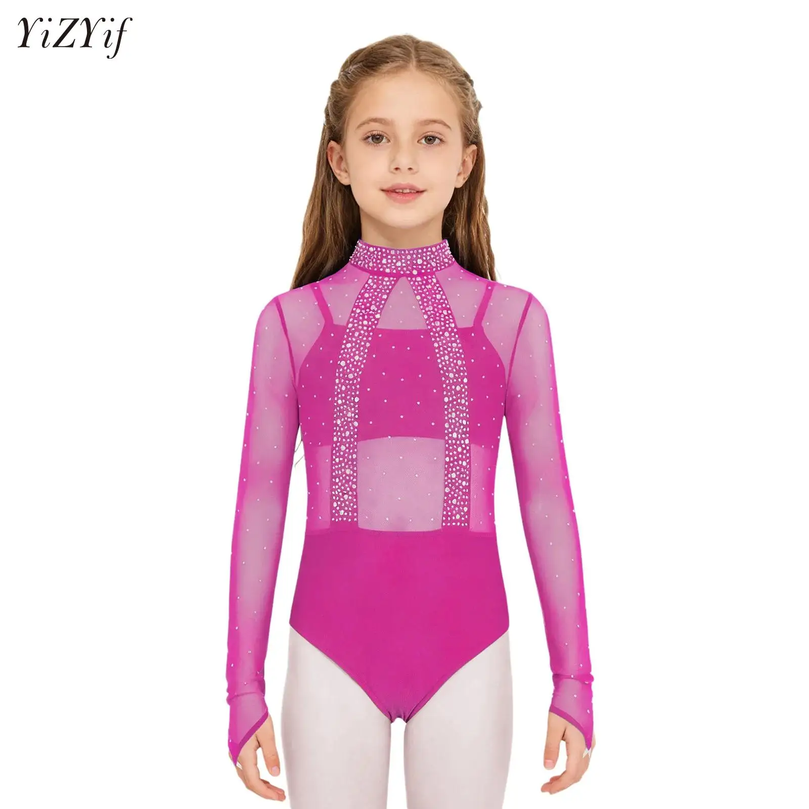 

Kids Girls Gymnastics Dance Performance Costume Shiny Rhinestones Sheer Mesh Leotard Acrobatics Figure Skating Ballet Bodysuit