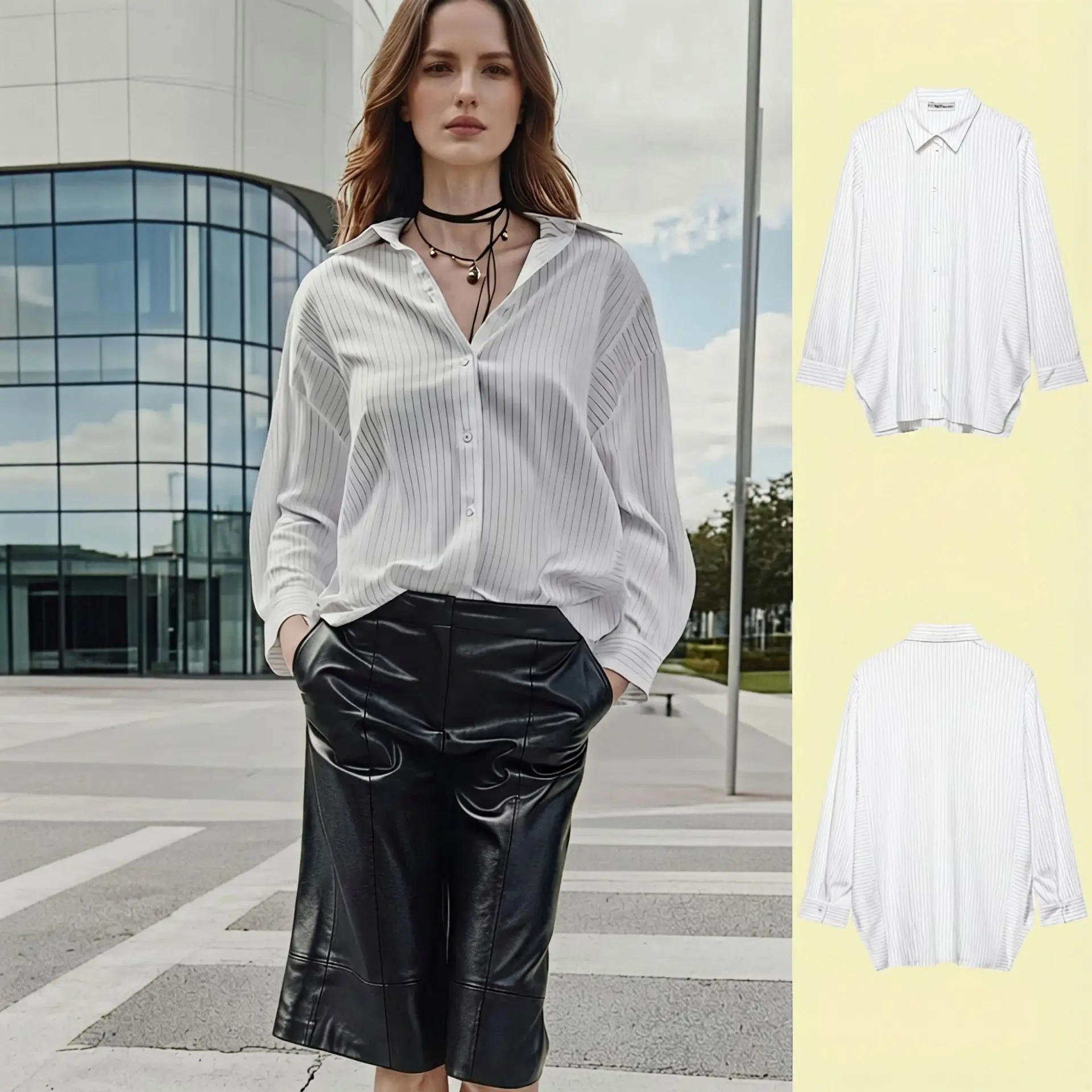 

Women Long Sleeve Fine Striped White Shirt Lapel Collar Loose Casual Daily Wear Blouse Tops