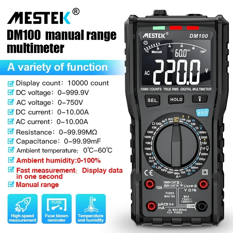 New ArrivalMESTEK DM100C Digital Multimeter High Speed Smart Double Core T-rms NCV Temperature Multimetro Anti-burn Fu