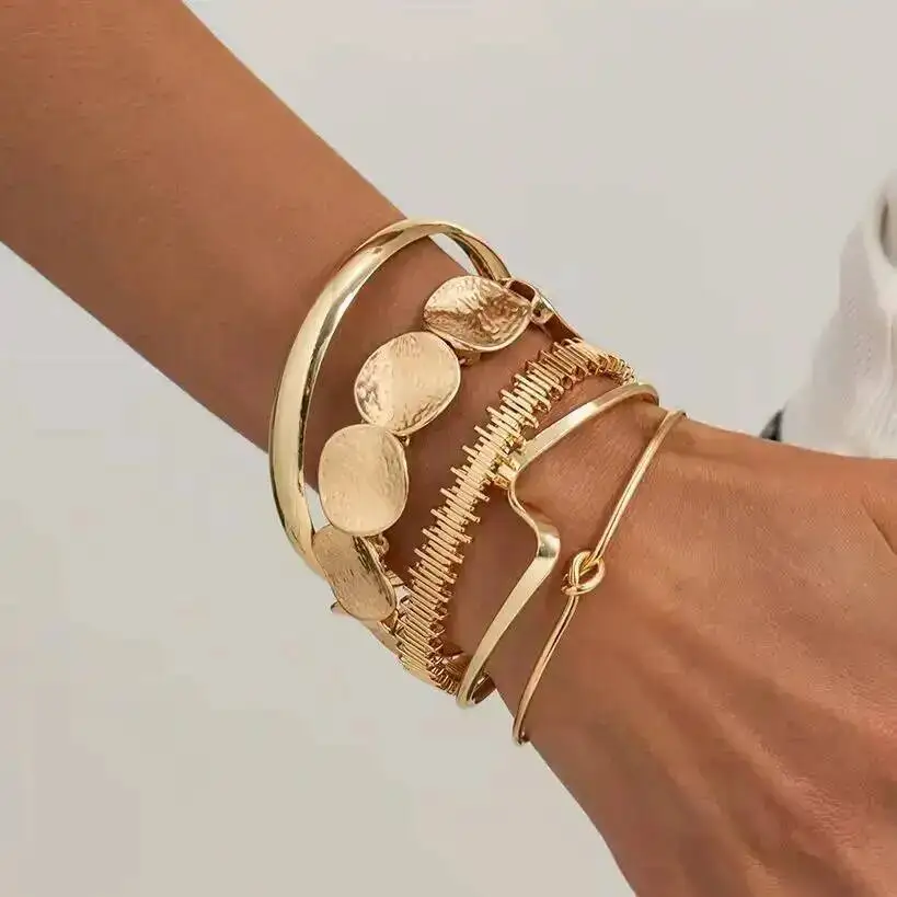 IngeSight.Z 5 Pcs/Set Creative Metal Knot Irregular Open Bangles Vintage Gold Color Stackable Layering Charm Bracelet Jewelry
