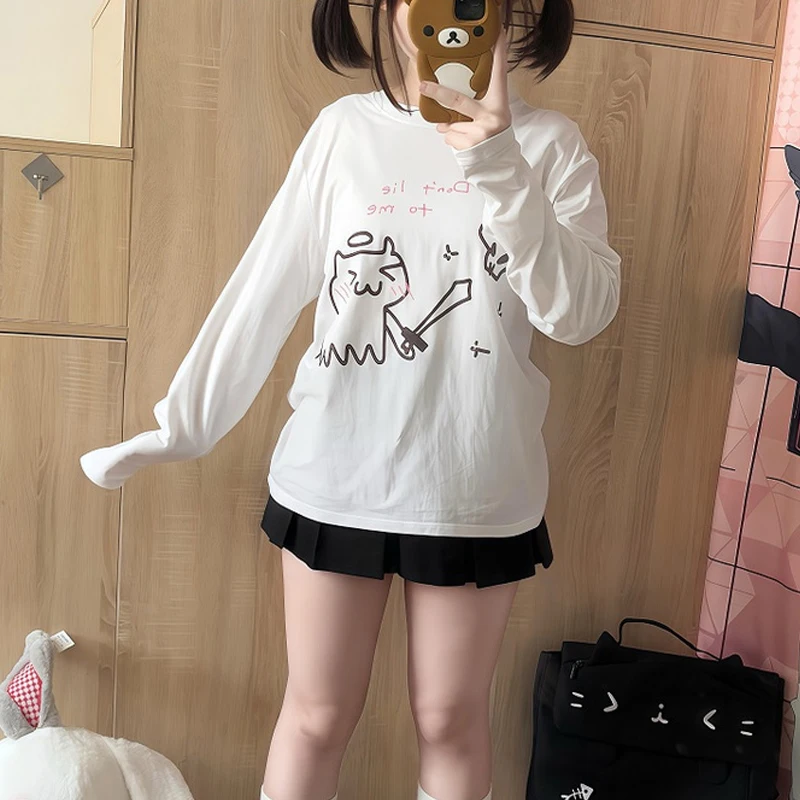 T-shirt à manches longues pour femmes, ample et décontracté, blanc, imprimé chat esprit de combat japonais, Harajuku Kawaii, vêtements surdimensionnés, automne