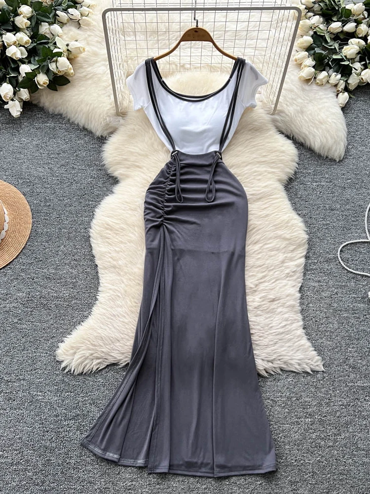 

Сексуальный летний комплект для женщин: топ-футболка с завышенной талией и юбка с разрезом и шлейфом, комплект из двух предметов, круглый вырез...