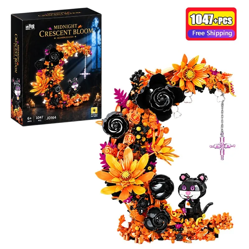 1047PCS Gothic Black Cat Moon Wreath Building Blocks  LED Light DIY Assembly Toy Model Home Decor Gift for Adults Collectors