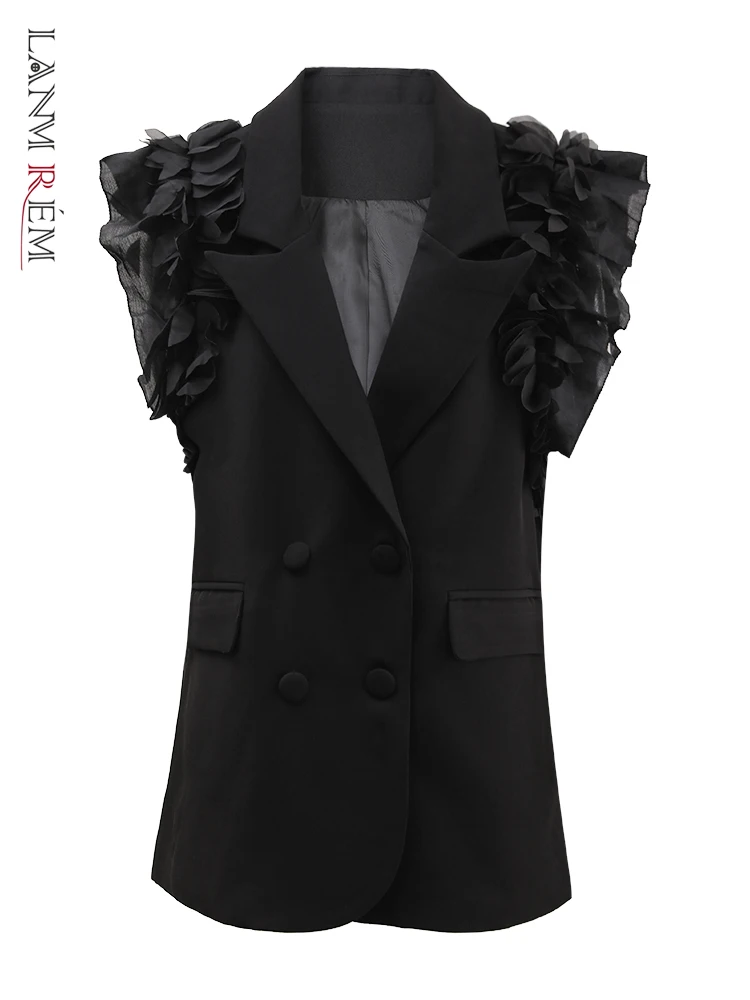 LANMREM Ruffles gilet cappotto per le donne colletto dentellato doppio petto tinta unita Office Lady Chic cappotti 2024 autunno nuovo CP2A0025