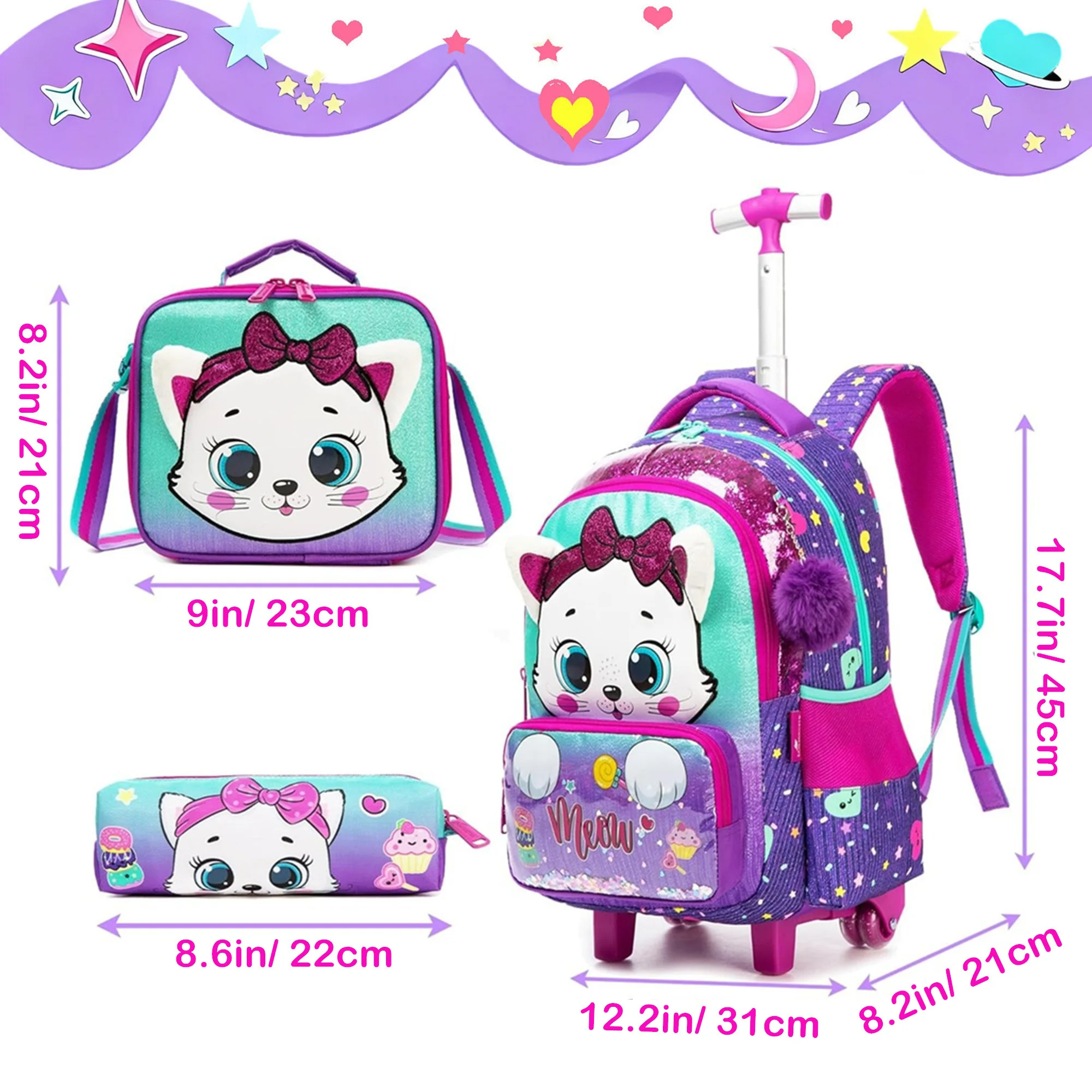 Girls Rolling Backpack Set with Wheels School Bag with Lunch Bag and Pencil Case for Elementary Students Back to School Carry on Luggage Kids Daily Travel Bag