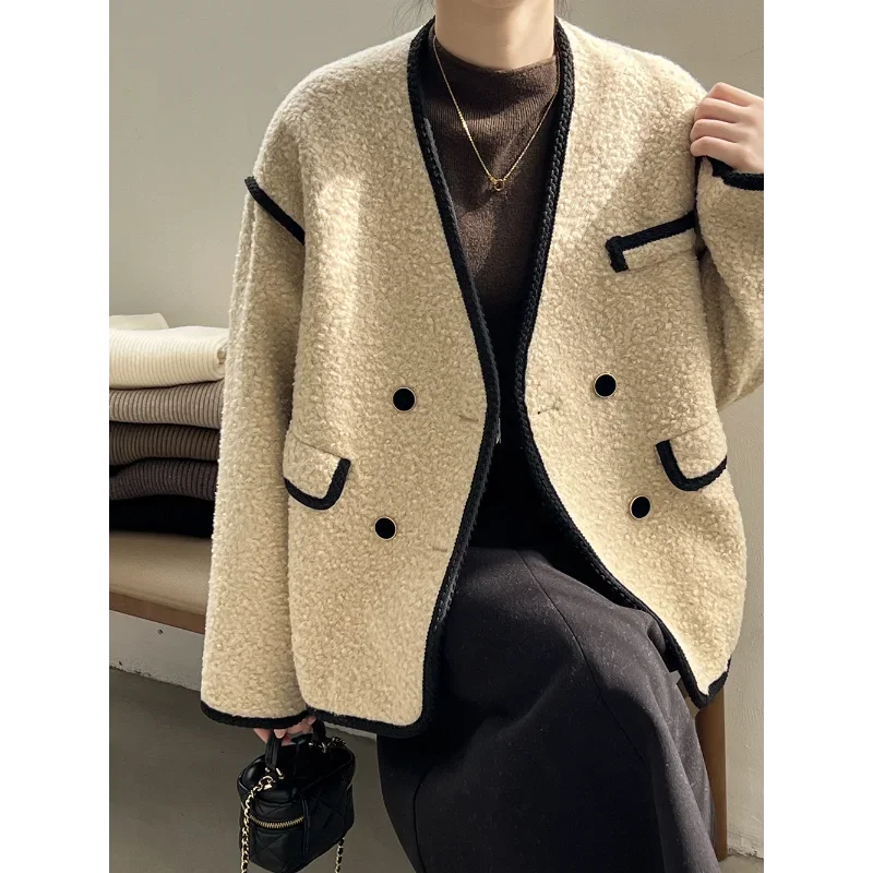 

Casual Tweed V-neck Plus Quilted Coats Women's Winter Double-breasted Small Fragrance Loose Basic Warm Korea Chic Female Jacket