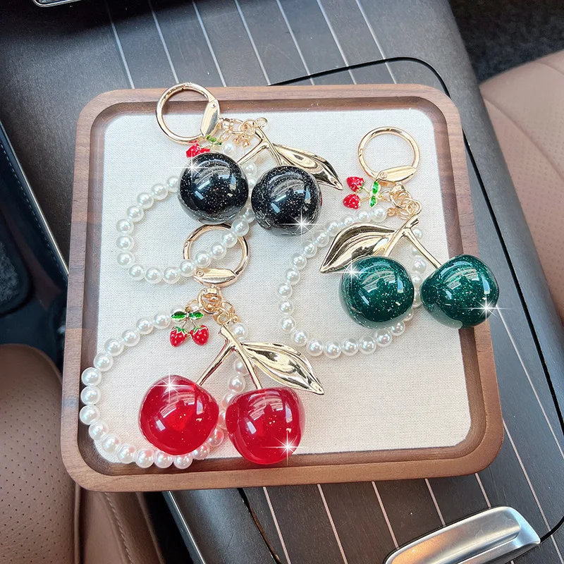 Exquisite Premium Pearl Chain Red Cherry Golden Key Chain Simplicity Individuality Bag Pendant Accessory