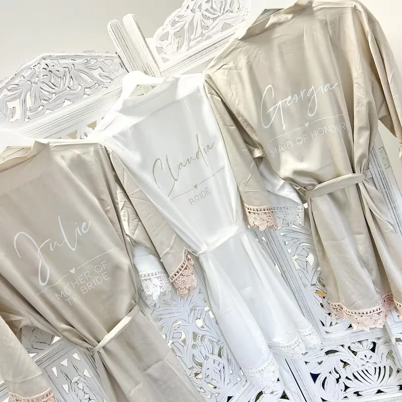 Personalised Satin Lace Robe Bride Dressing Gown Bridal Party Wedding Bridesmaid Gift Silk Custom Robe Kimono Woman Sleepwear