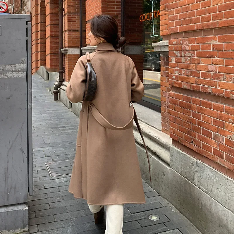 Classic Model 100% Real Wool Long Warp Overcoat Belt Turn-down Collar Dense Fabric Narrow Notch Lapel Coat Women Fall Winter