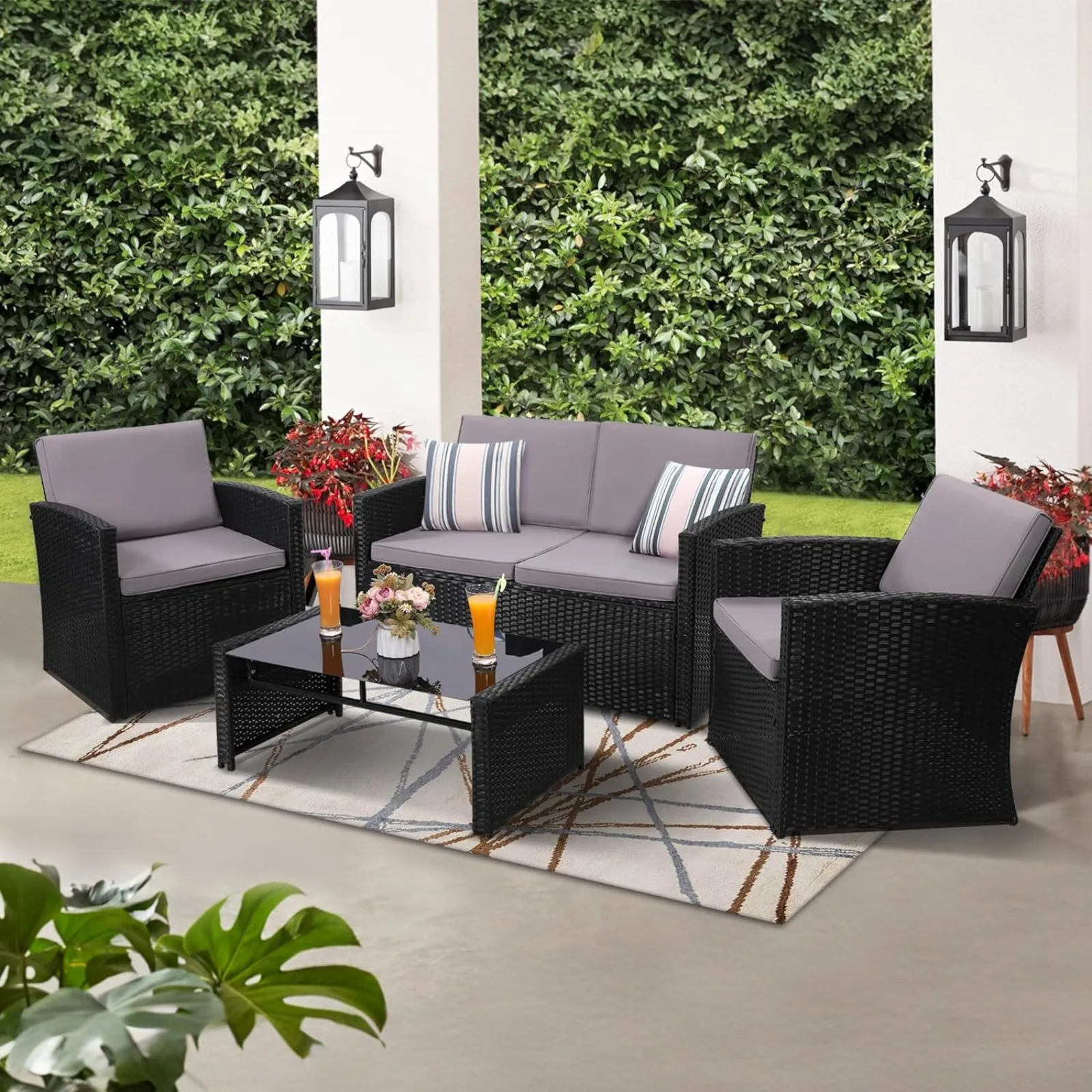 

US 4 Pieces Patio Conversation Set, Outside Rattan Sectional Sofa, Cushioned Furniture Set, Wicker Sofa Ideal for Garden, Porch