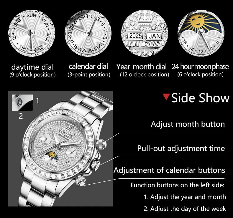 ساعة ميكانيكية OLEVS 7038 للرجال بمينا ماسي كامل وعرض تقويم مقاوم للماء ومرحلة القمر من الفولاذ المقاوم للصدأ أوتوماتيكية للرجال