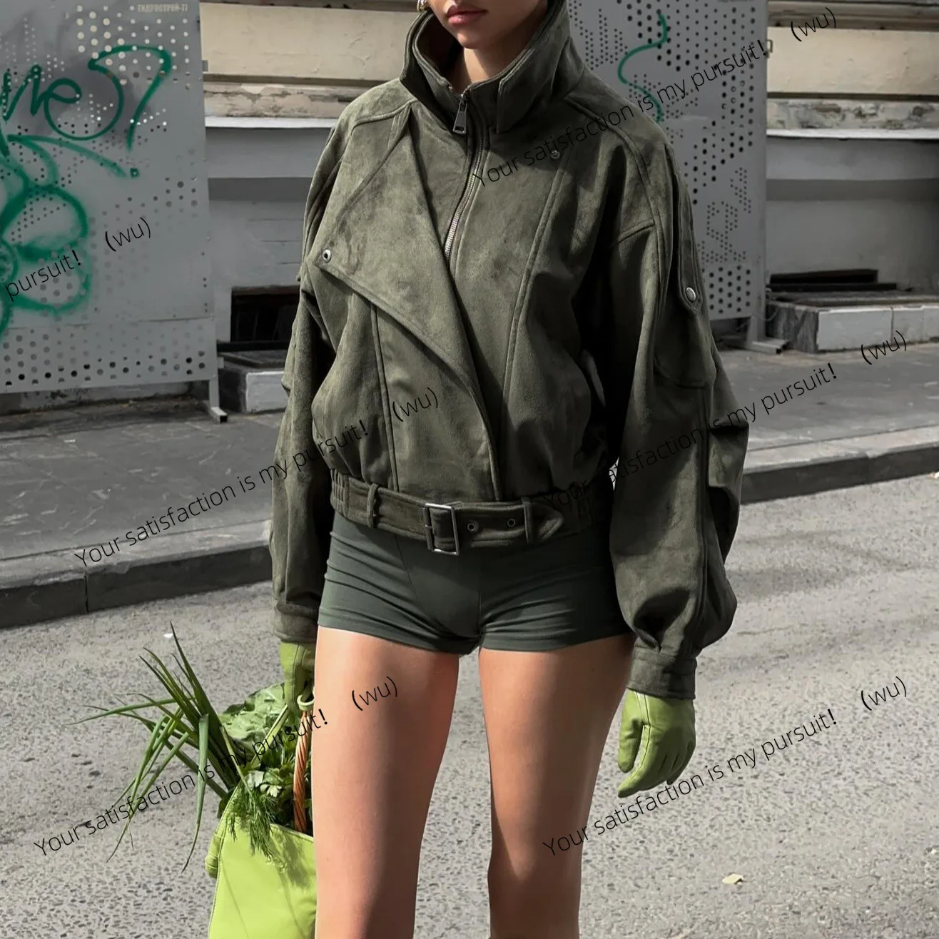 

Vintage imitation suede jacket women's loose silhouette stand-up collar jacket niche design sense retro tooling style top