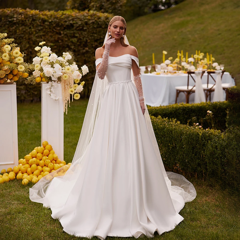 

Customized Off Shoulder Satin Princess Wedding Dresses For Women 2026 Strapless Bridal Gowns robe de mariée