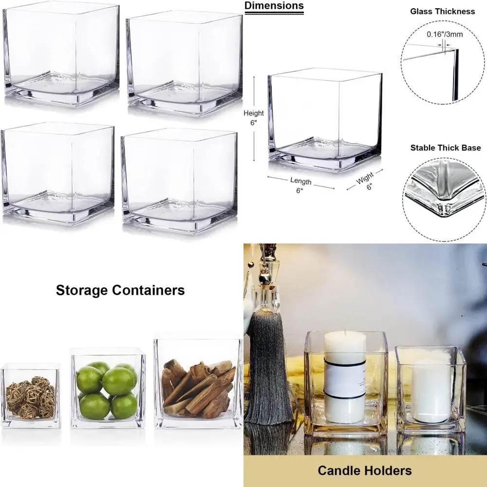

Set of 4 Clear Glass Cube Vases, 6x6x6 Inch Square Vases for Flower Arrangements and Planters, Ideal for Floating Candles and Ho