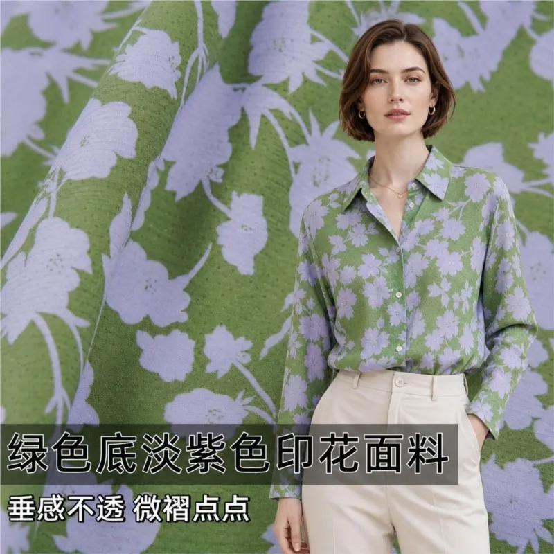 Soft and flowing green base with light purple printed pleated fabric for spring summer designer shirts trousers