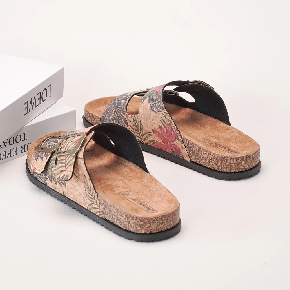 Tropical Print Double-Strap Sandals, Women's Adjustable Buckle Sandals, Comfortable Flat Shoes for Outdoor Daily Wear