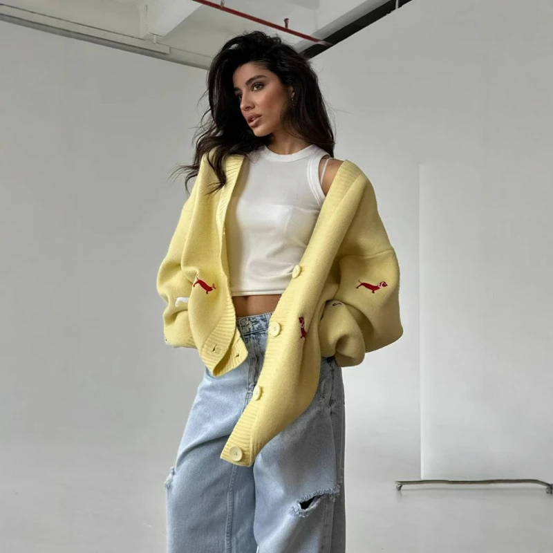 

2026 Autumn New Fashion Single-breasted Dachshund Embroidered Knitted Coat for Women Elegant Style Loose Casual Sweater Cardigan