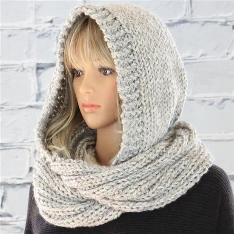 Fashion Hooded Scarf Women\'s Pure Color Cap Scarf Knitted Trend Scarf Beanie Hats for Women