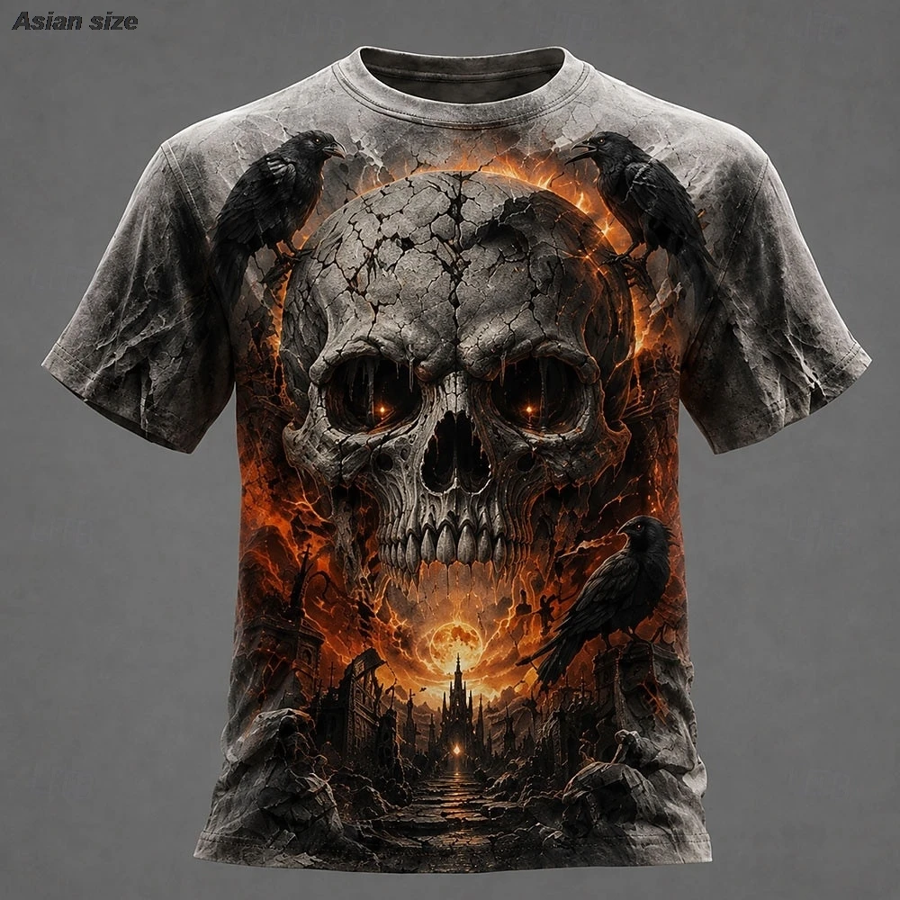 Halloween Men's Skull Optical Illusion T Shirt Short Sleeve T shirt 3D Print Crew Neck Shirt