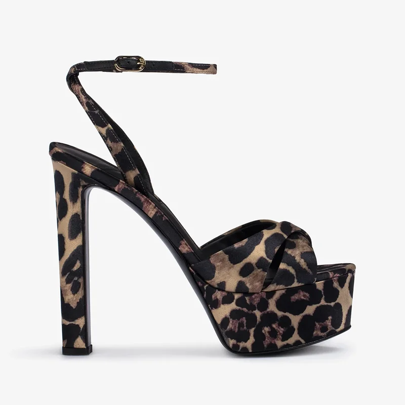 Leopard Satin Platform Sandals Sexy Pointed Toe Suqare Heels Customized Buckle Strap New Arrivals Fashion Women Modern Shoes