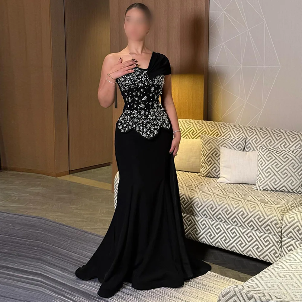

Customized Black One Shoulder Evening Dress High Quality Beading Celebrity Gowns Mermaid Sweep Train Bespoke Occasion Gowns