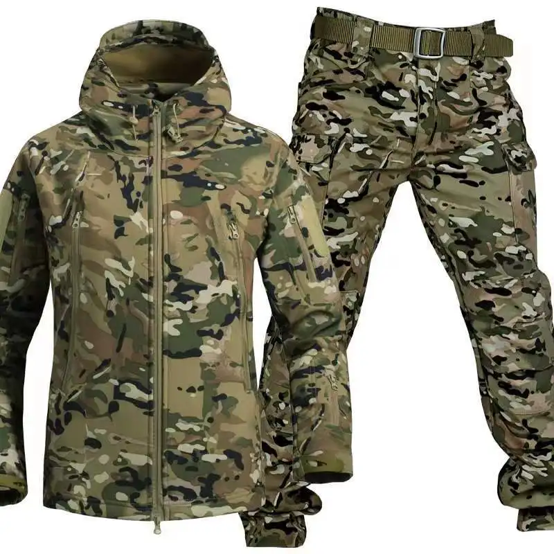 Mens Winter Camo Zipper Suit Waterproof Tactical Training Sets Multi-pocket Hooded Jacket Fleece Pants Outdoor Hunting Tracksuit