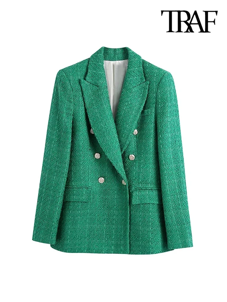 TRAF Women Fashion Double Breasted Tweed Green Blazer Coat Vintage Long Sleeve Flap Pockets Female Outerwear Chic Veste