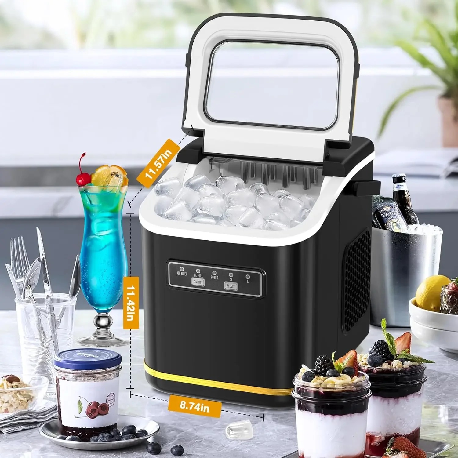 Fast Ice Maker Countertop Machine with Self-Cleaning Feature, Includes Ice Scoop and Basket, Produces 9 Cubes in just 6 Minutes,