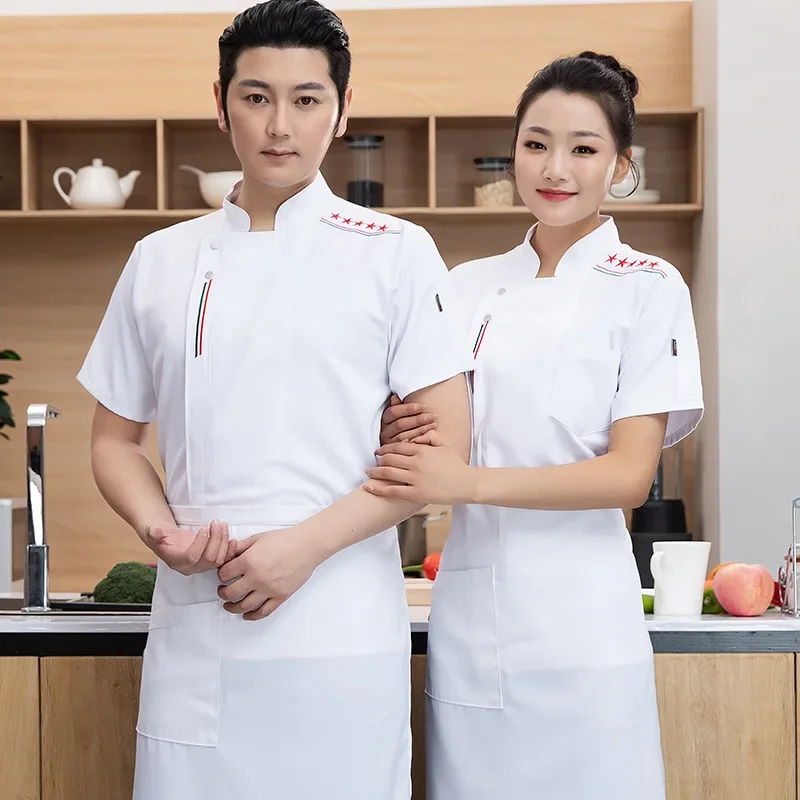 Chef Uniform Short Sleeve Hotel Catering Work Clothes Summer Kitchen Cooking Restaurant Cook Coat Bakery Overall Pastry Clothing