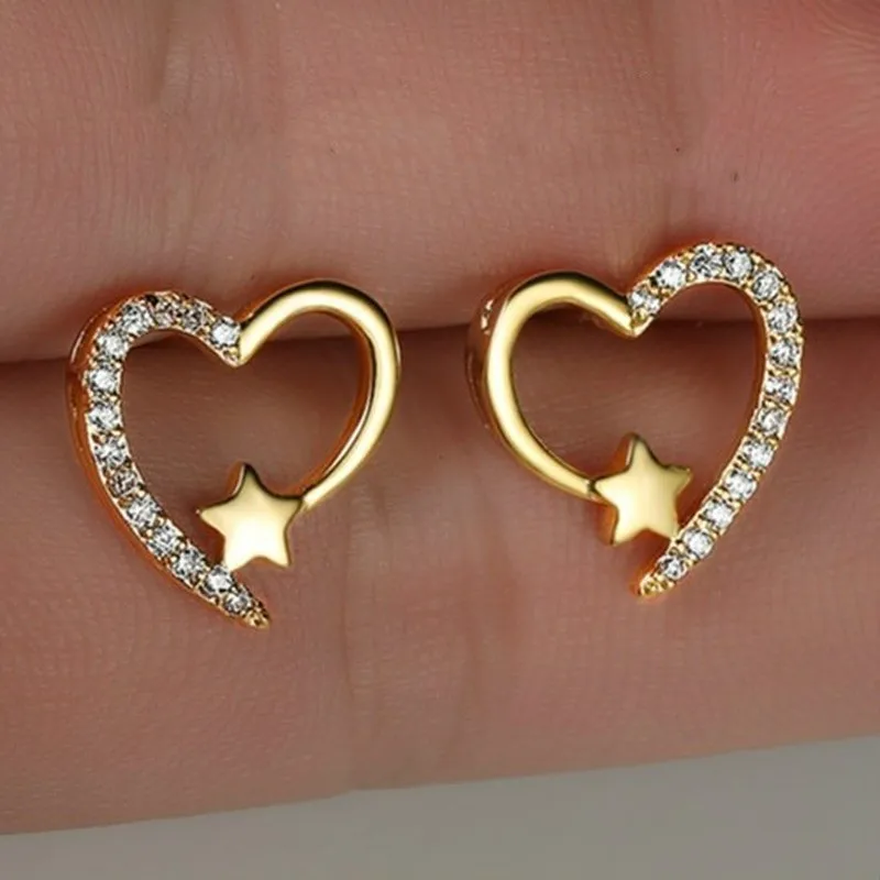 

1 Pair Gold Color Love Heart Star White Zircon Stud Earrings for Women Wedding Engagement Bride Jewelry Gift