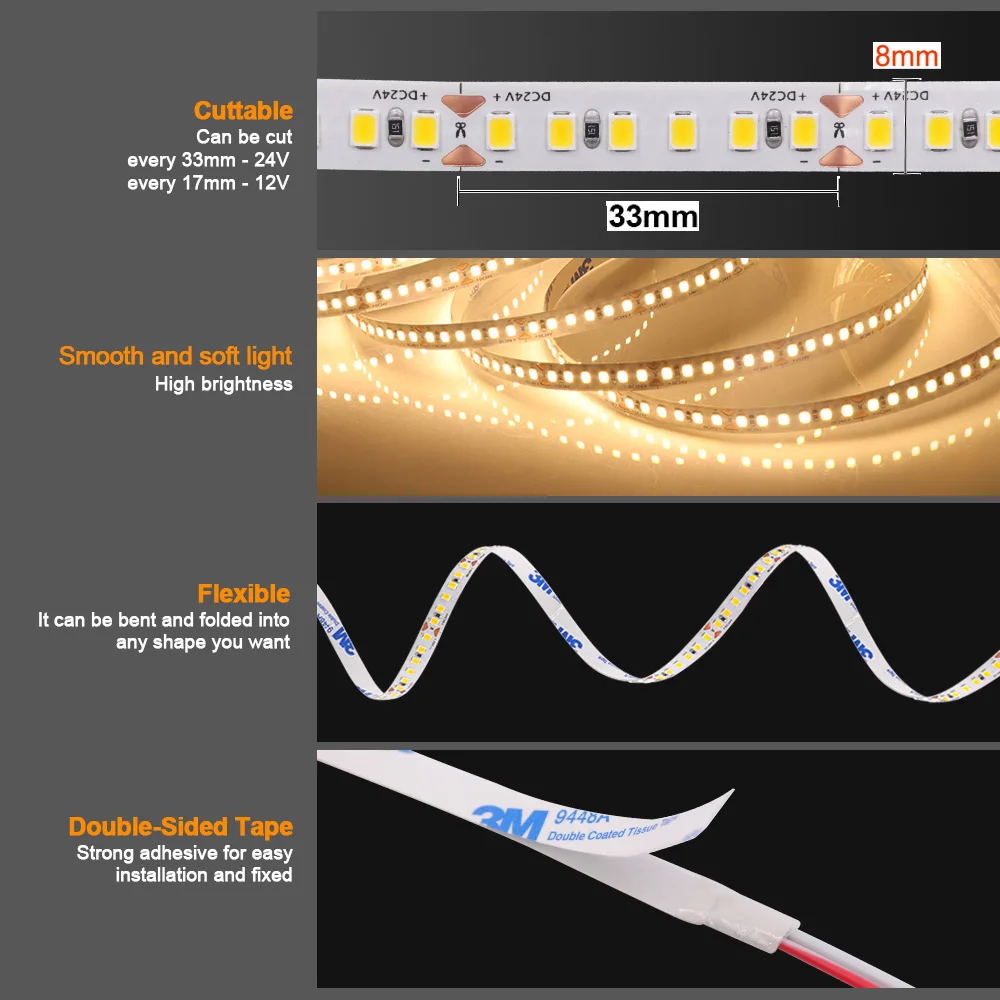 12V 24V 5m 10m 2835 LED Strip Light Flexible Led Tape Lamp Hight Brightness 120 180 LEDs Lighting Home Decoration 13 Colors