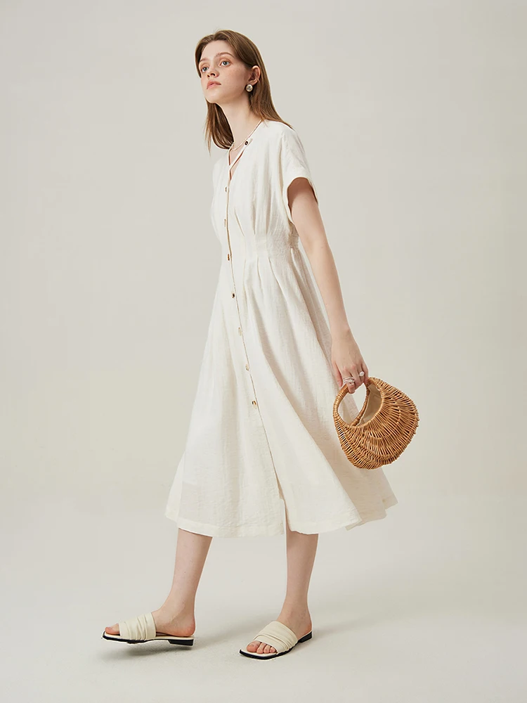 FSLE 8.8% Linen Summer Women Long Thin Single Breasted Dress Temperament V-Neck Raglan Sleeve Loose A-LINE Dress 24FS12360