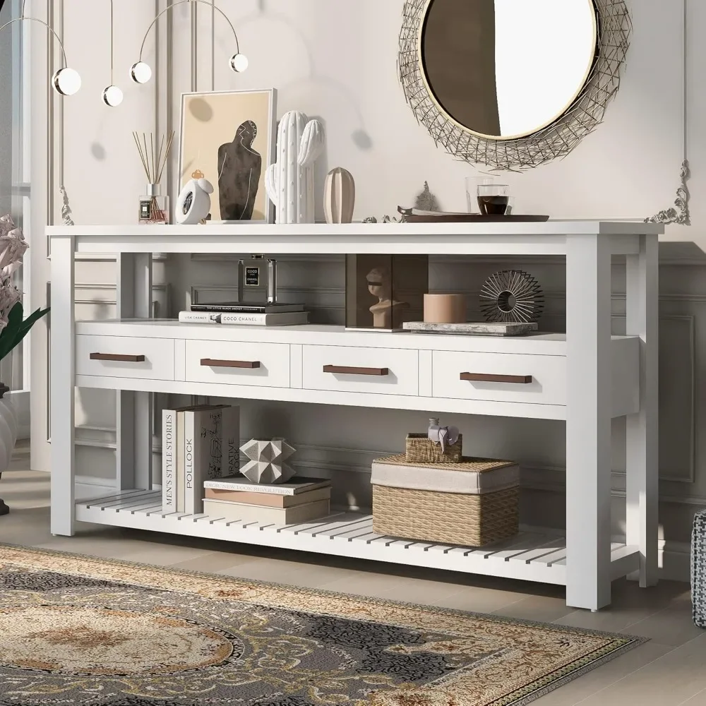 

62 in White Console Tables with 4 Drawers and 3-Tier Storage Shelves, Wood Modern Sofa Table Entryway Table Side Table for Entry