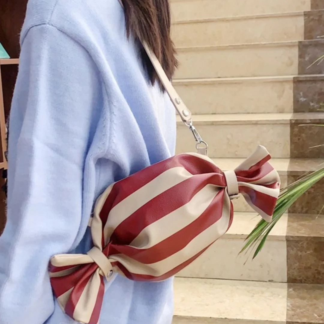 Candy Shaped Striped PU Crossbody Bag for Women Cute Bow Knot Adjustable Detachable Shoulder Strap Small Messenger Handbag