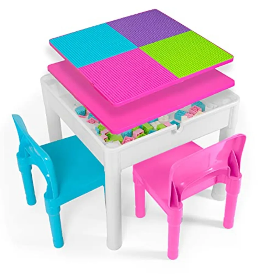 

Table and Chairs Set for Sensory, Water, Art, Picnic, Blocks Play Pastel Pink and Blue 5-in-1 Activity Table with Storage, Ages