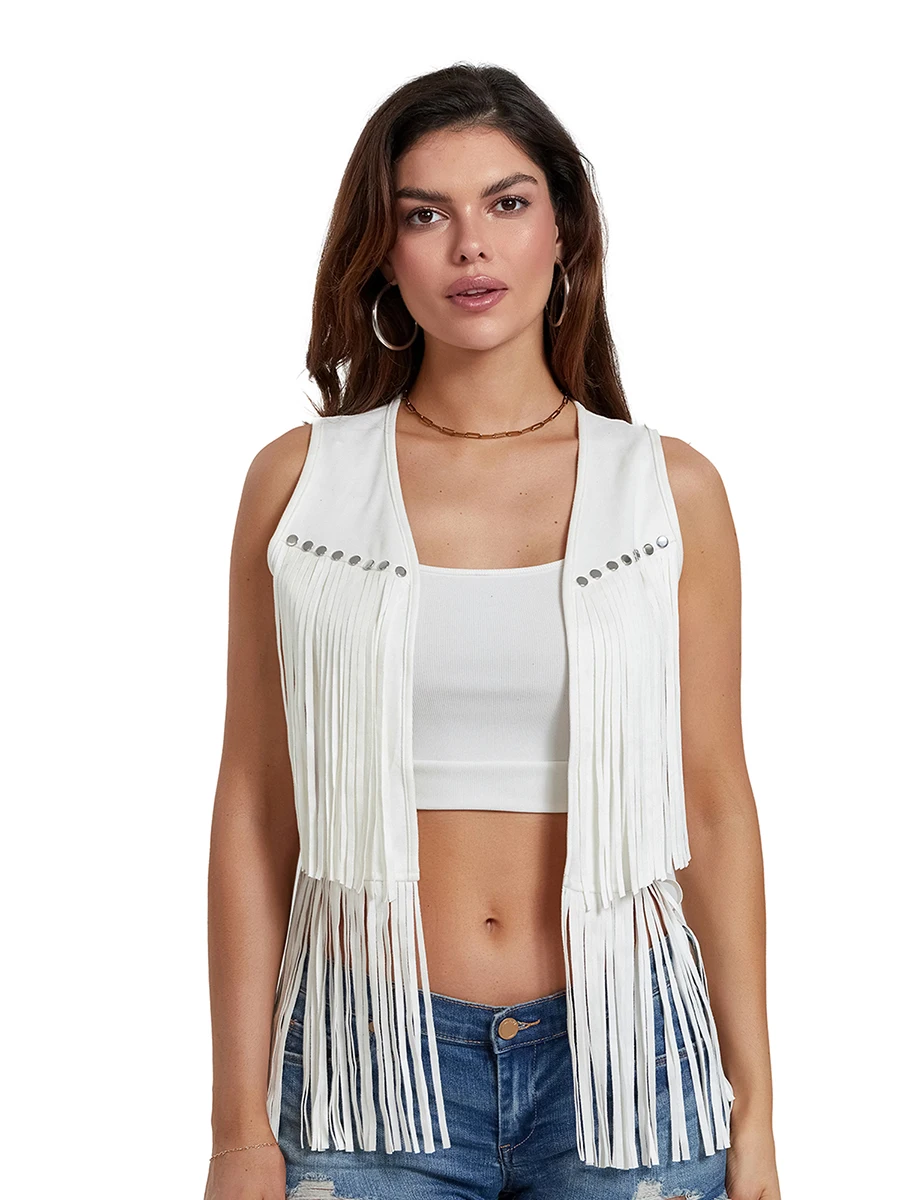 

Women Tassel Vest 70s Hippie Fringe Vest Suede Cowgirl Outfits Open Front Sleeveless Tank Tops Waistcoat Cardigan