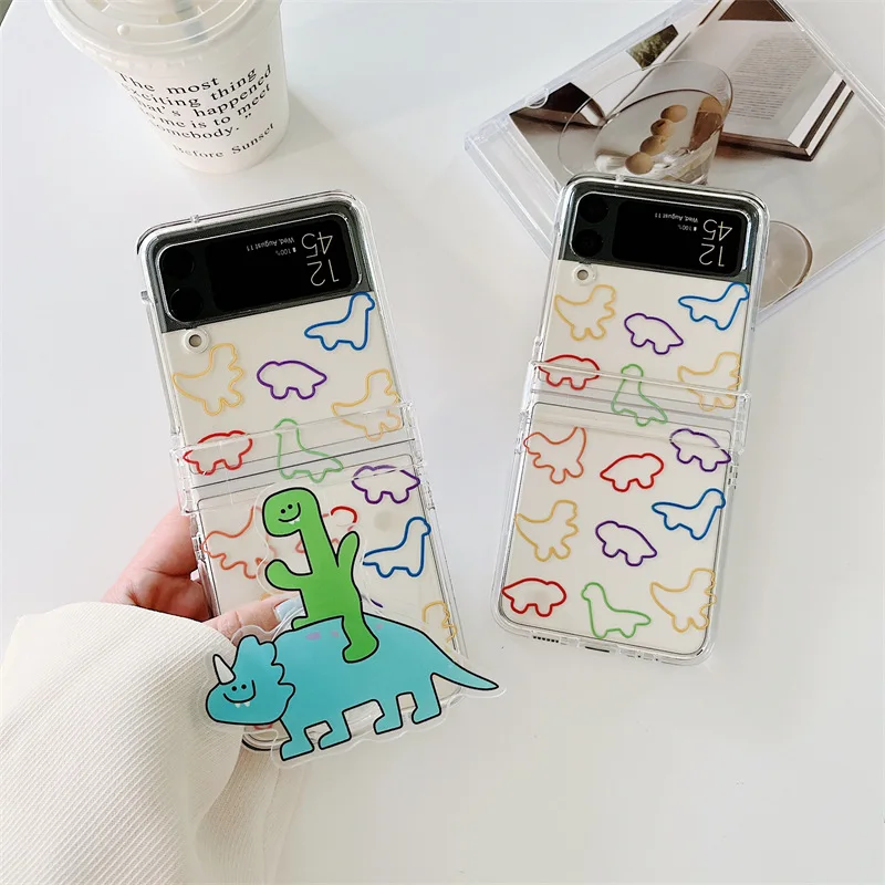 

Cartoon Line Dinosaur Phone Stand Case for Samsung Galaxy Z Flip 3 Z Flip 4 Hard PC Back Cover for ZFlip3 ZFlip4 Case Shell