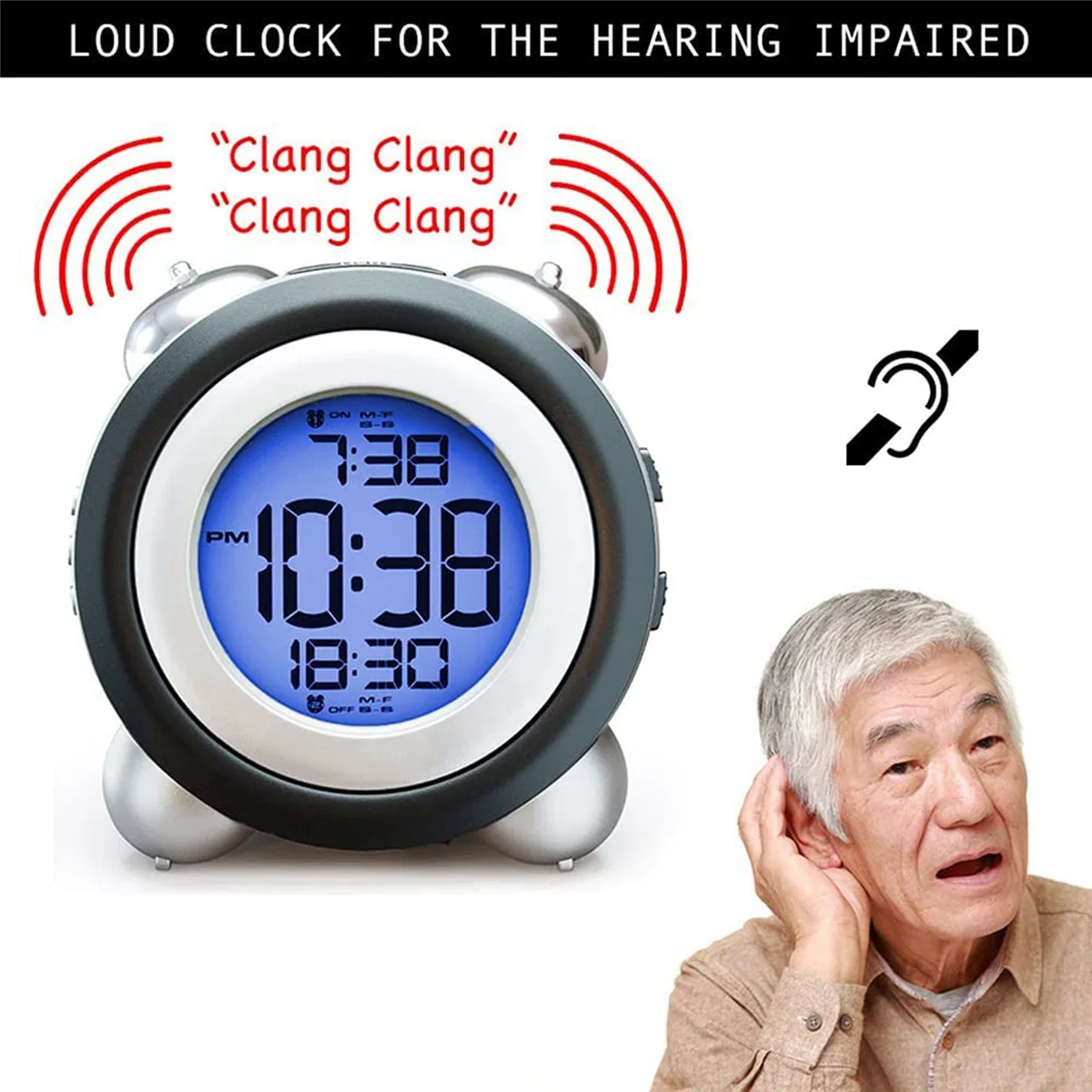 Innovative! Digital Alarm Clock,Time Date Display Twin Bell Very Loud for Heavy Sleepers Dual Alarm Blue Backlight for Teens