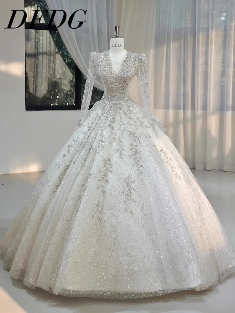 DFDG Vestido de novia de alta costura con cuello en V, manga larga, blanco, lujoso, trabajo pesado, encaje, novia, ceremonia principal de primavera y verano, 2025