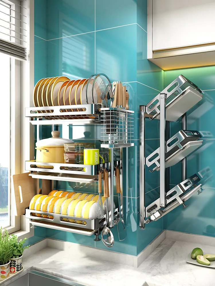 304 Stainless Steel Wall Mounted Bowl Rack, Non Perforated Kitchen Storage Rack, Foldable Drain Bowl and Chopstick Rack