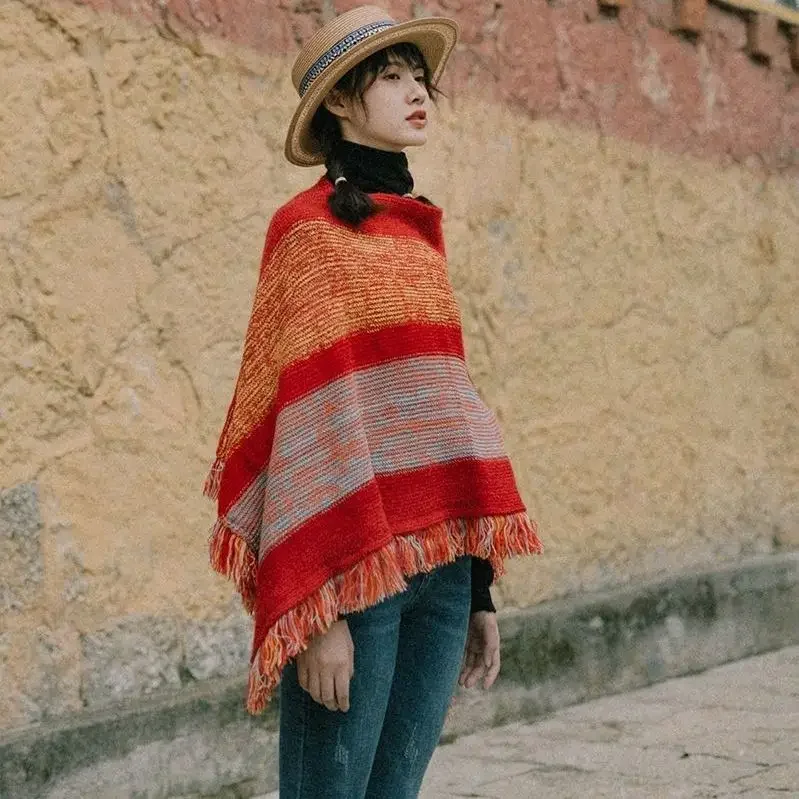 Autumn New Women Knitting Cape Coat Cashmere Fringe Poncho Oblique Stripe Vintage Cloak Coat Bohemian Shawl Woman Streetwear