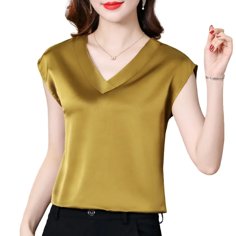 Summer short sleeve artificial silk Shirt plus size elegant chiffon tops office lady blusas Fashion women Acetate satin blouses